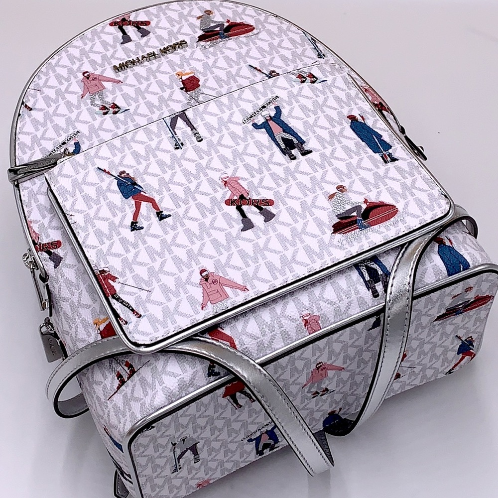 Michael Kors Jet Set Girls Adina Medium Backpack MK Bright White Silver Multi - Picture 11 of 16